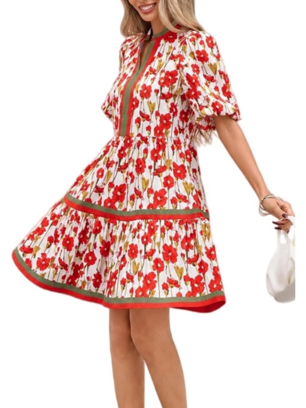 Women's Red V Neck Puff Sleeve Floral Baby Doll Striped Imported Mini Dress